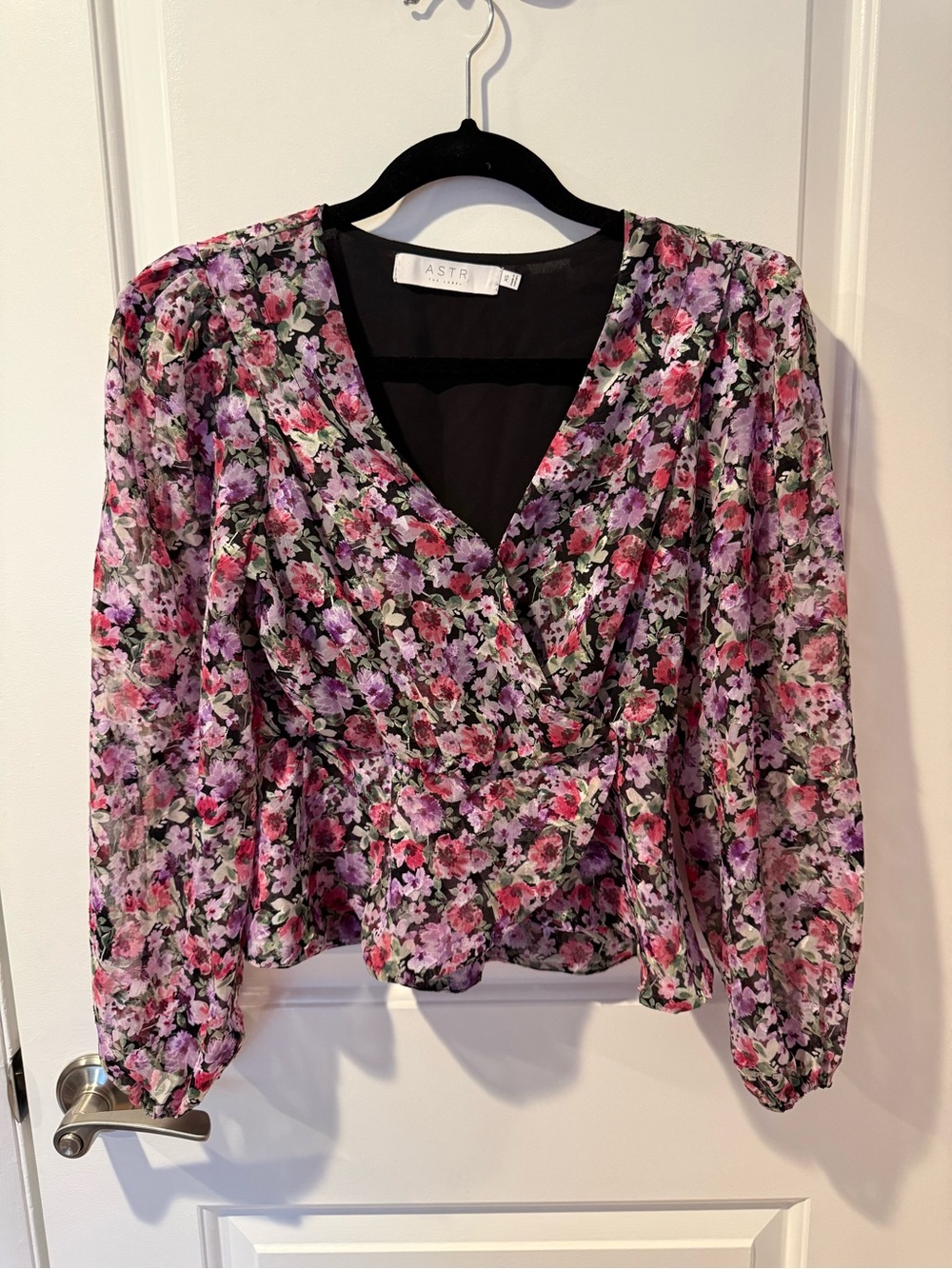 Astr Floral Wrap Blouse in Pink, Purple & Black
